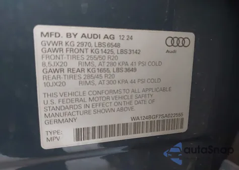 2025 Audi Q6 E-Tron Premium Plus Quattro из США, поврежденный, VIN WA124BGF7SA022555